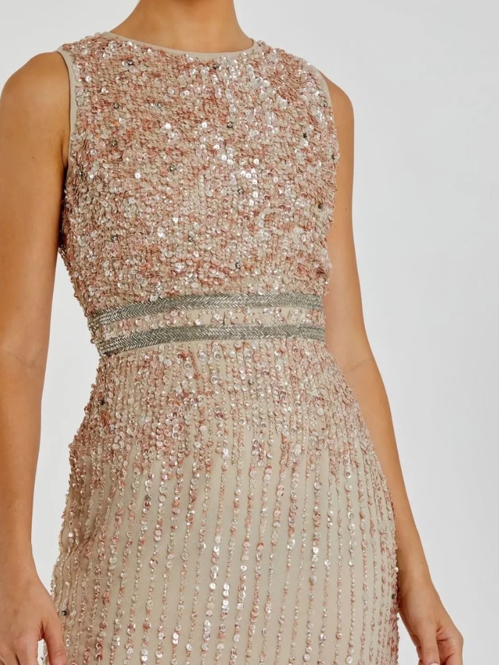 Mac Duggal Rose Gold Sequin High-Neck Sheath Dress